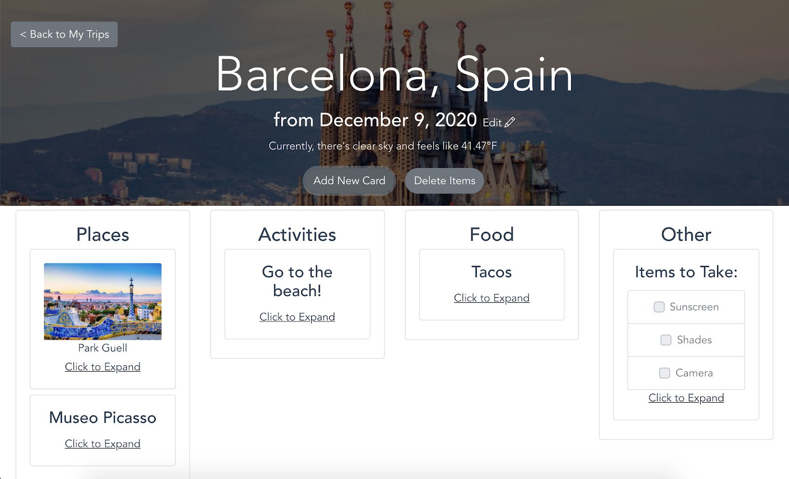 Example trip page for Barcelona